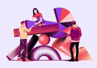 Three people handling large purple and red abstract geometric shapes