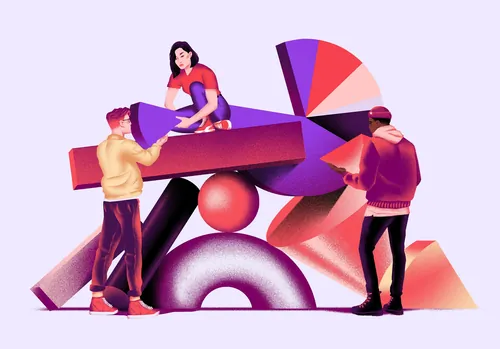 Three people handling large purple and red abstract geometric shapes