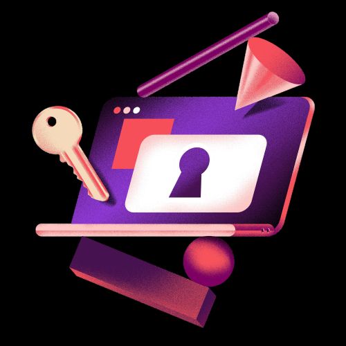 Laptop with lock icon, key, and cone representing digital security