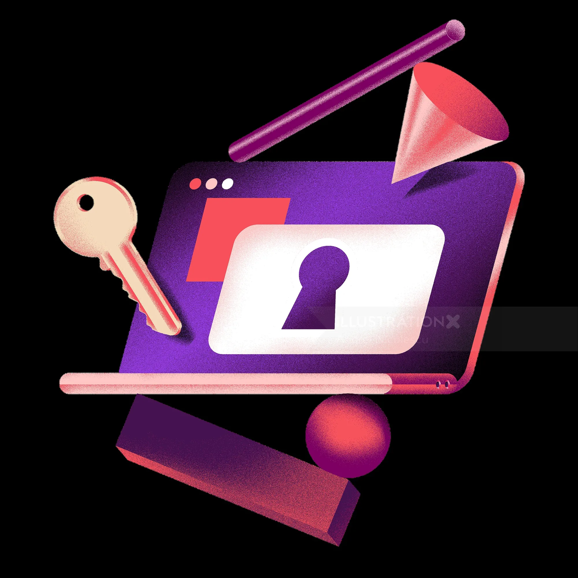 Laptop with lock icon, key, and cone representing digital security