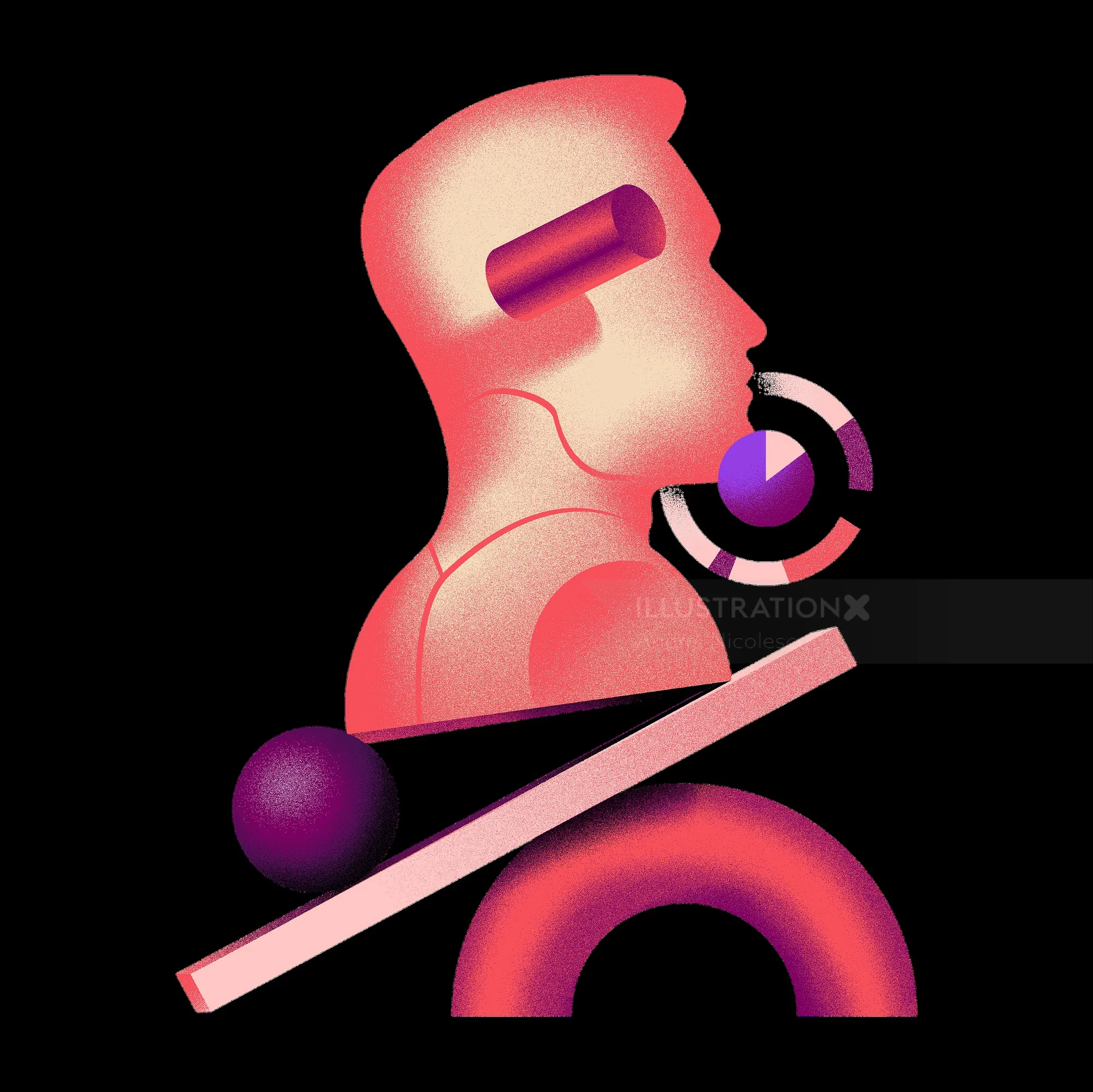 Abstract human profile with geometric shapes in pink and purple