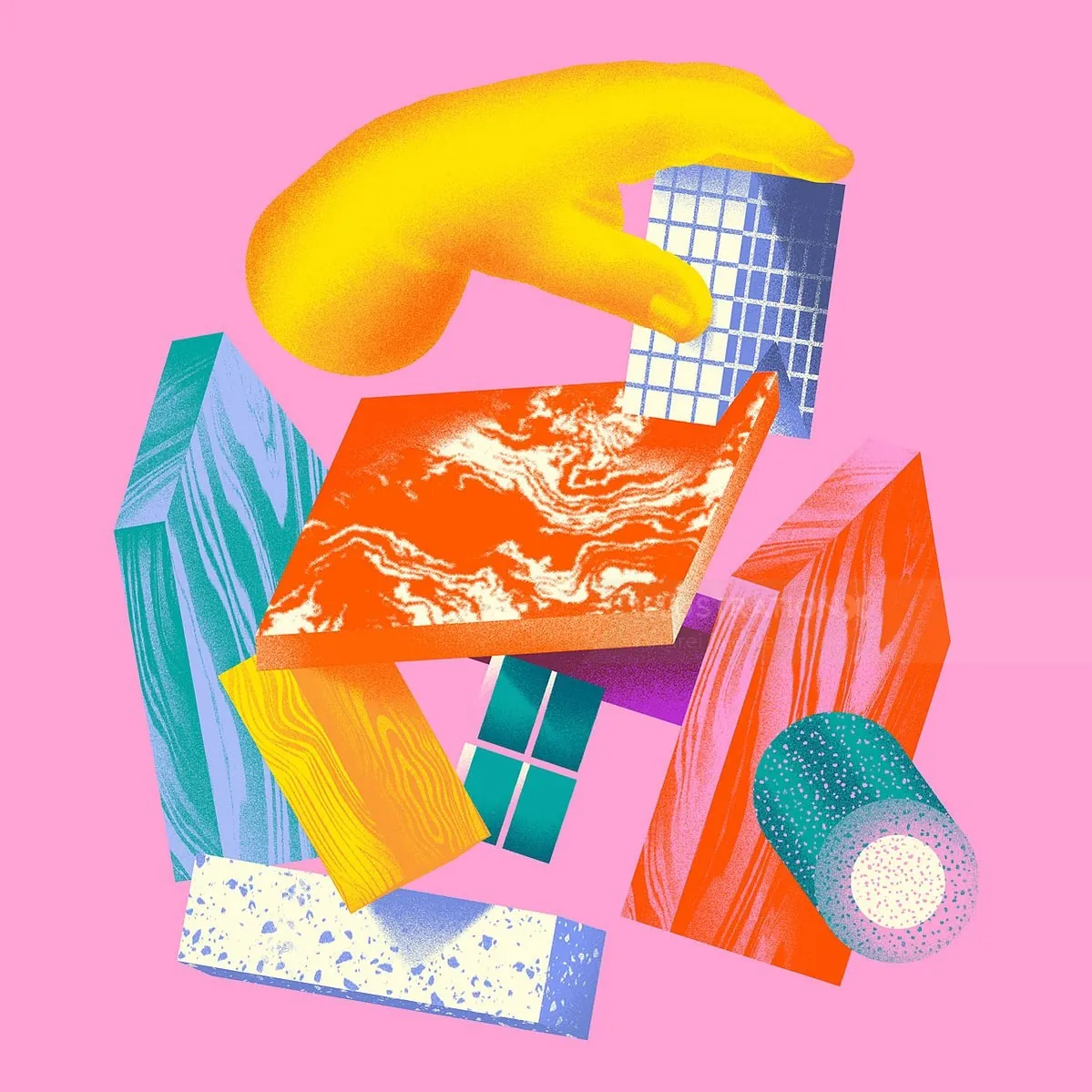 Yellow hand arranging vibrant geometric blocks on pink background