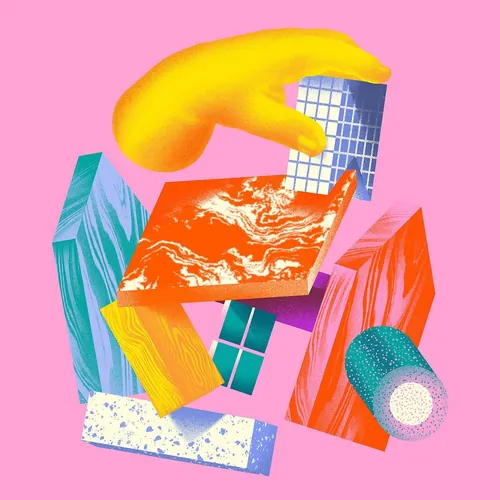 Yellow hand arranging vibrant geometric blocks on pink background