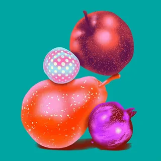 Abstract red, purple, and polka dot fruits on teal background