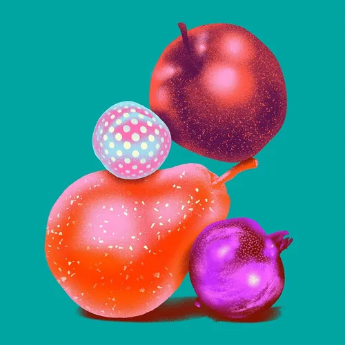 Abstract red, purple, and polka dot fruits on teal background