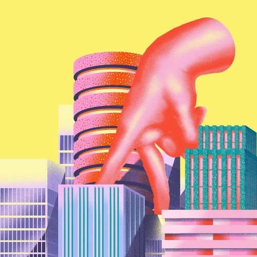 Giant pink hand touching city skyscrapers under bright yellow sky