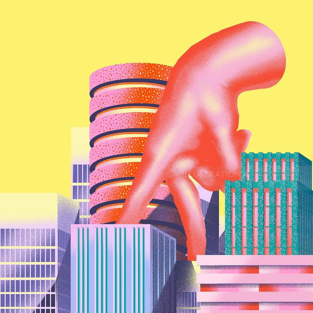 Giant pink hand touching city skyscrapers under bright yellow sky