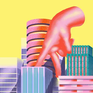 Giant pink hand touching city skyscrapers under bright yellow sky