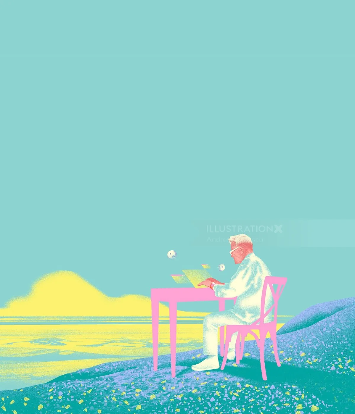 Man sitting at a desk writing near water at sunrise