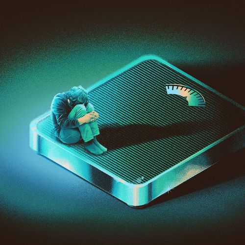 Small person sitting on an oversized weighing scale looking worried