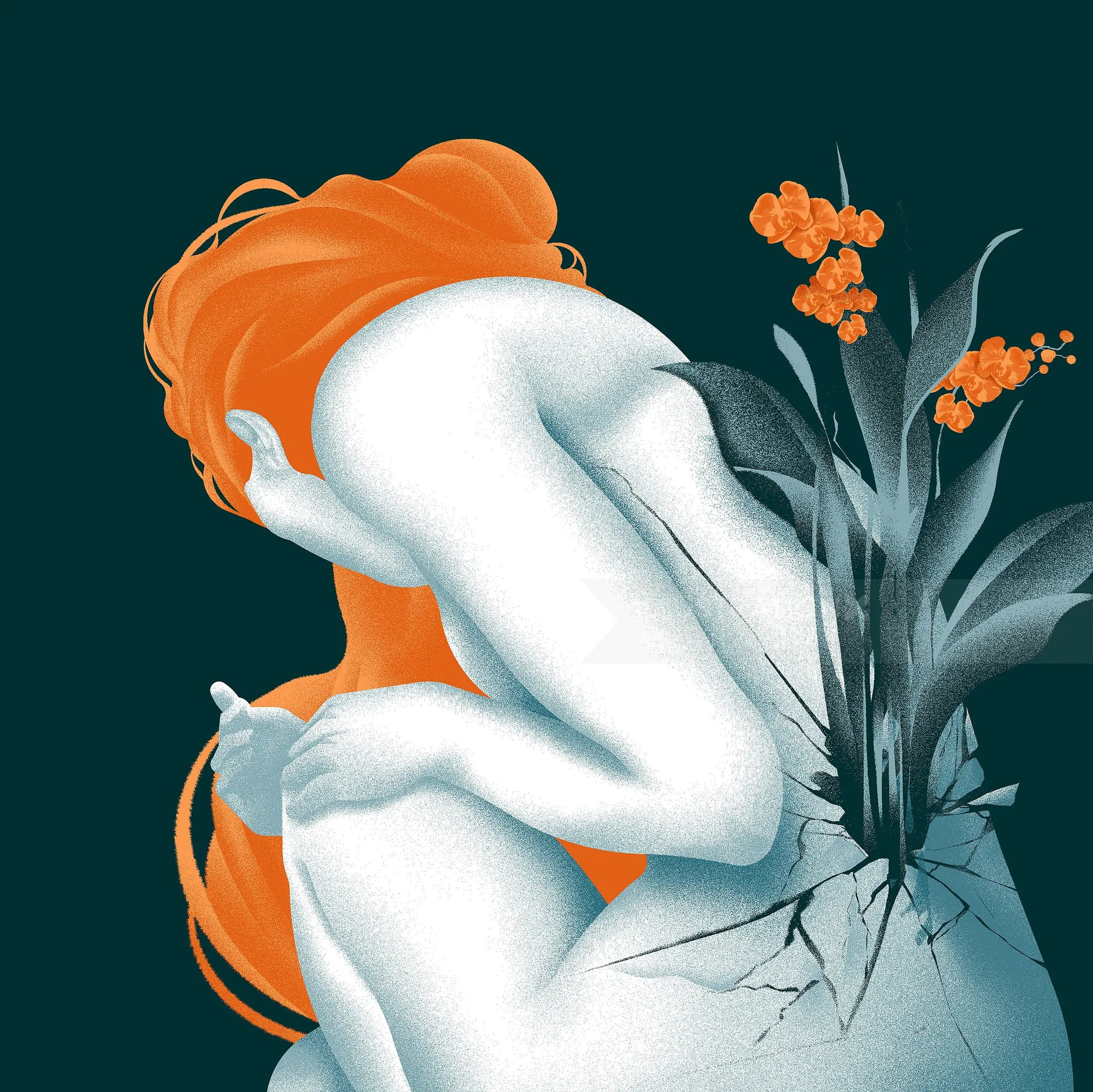 Person with orange hair and flowers growing from cracked back in surreal style