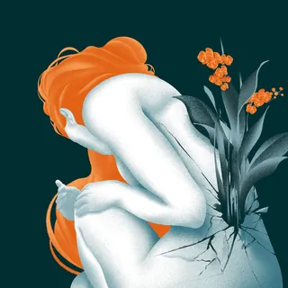 Person with orange hair and flowers growing from cracked back in surreal style