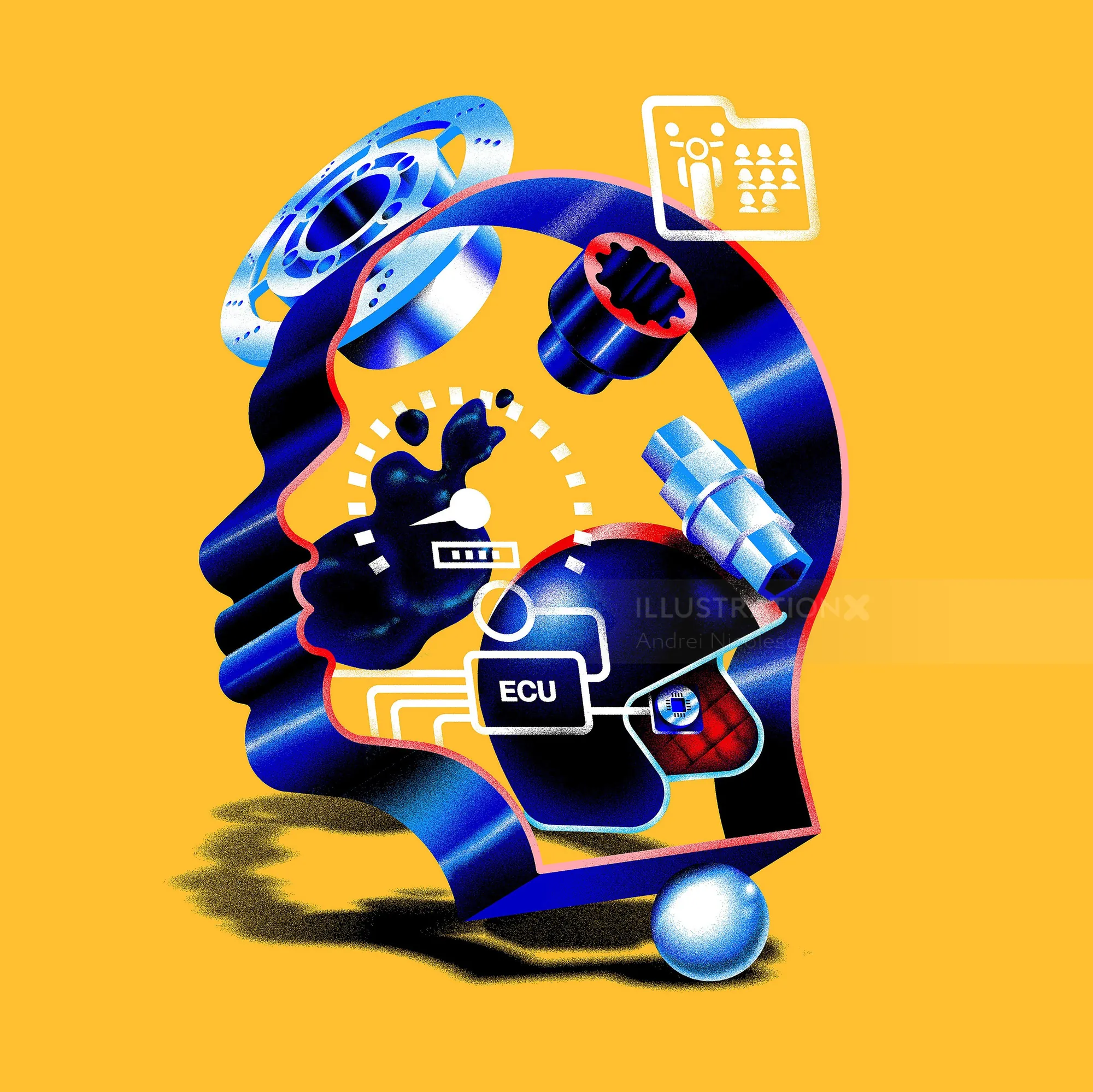3D human head with mechanical parts and digital icons on orange background