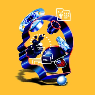 3D human head with mechanical parts and digital icons on orange background