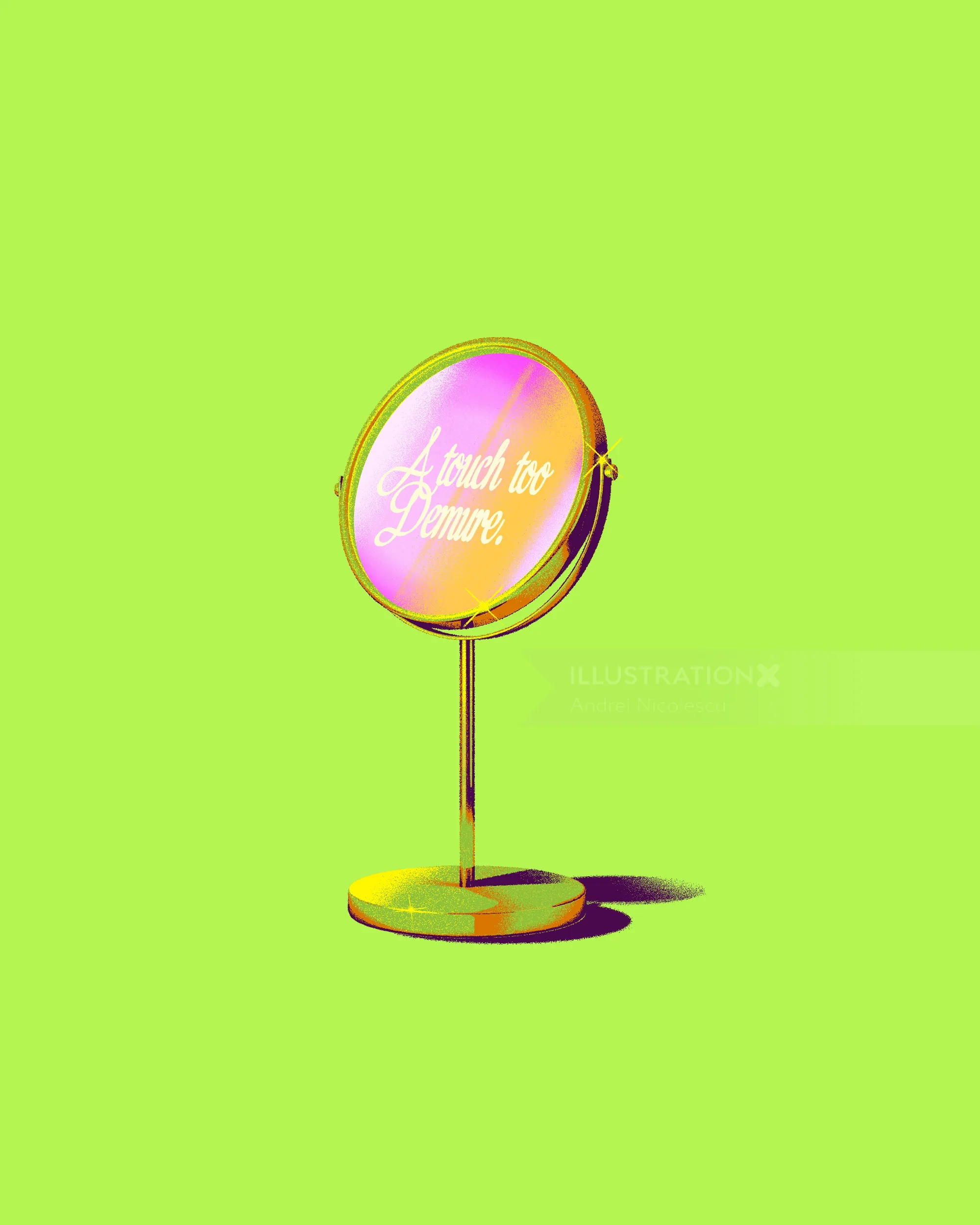 gold standing mirror with neon pink text on green background