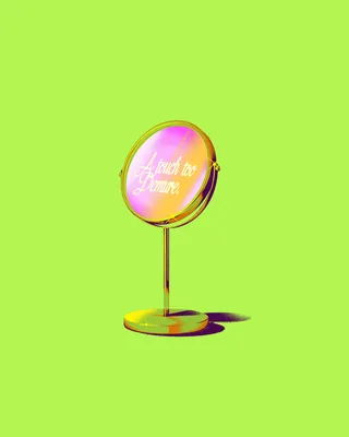 gold standing mirror with neon pink text on green background