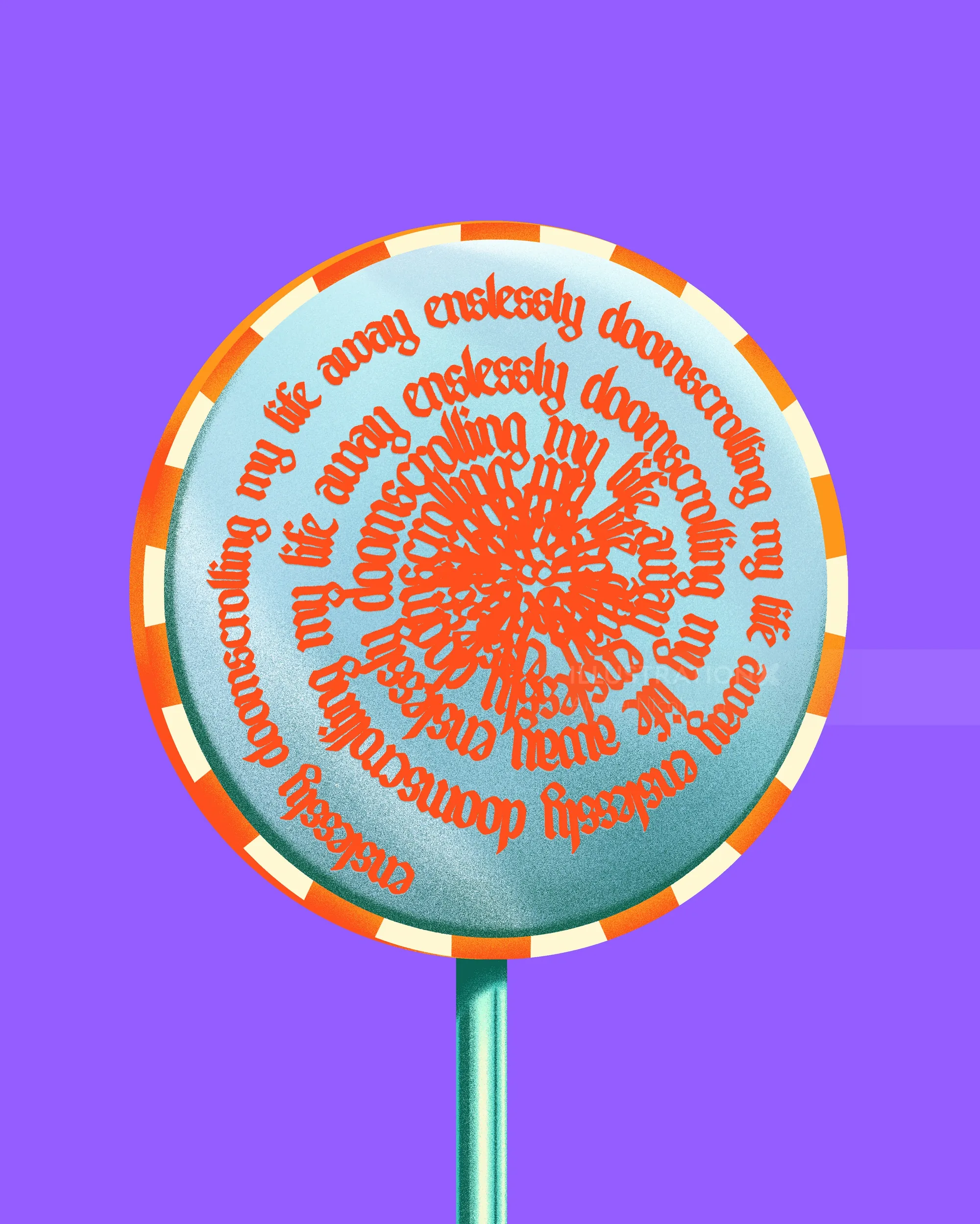 Round sign with red spiral text on blue background