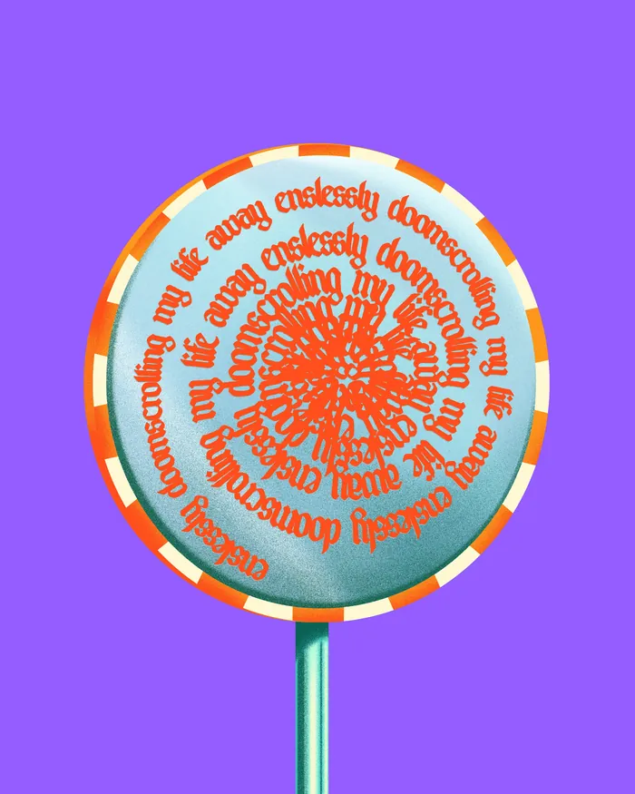 Round sign with red spiral text on blue background