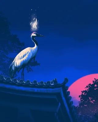 White crane perched on rooftop with glowing light on head under night sky