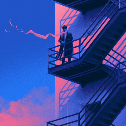 Man in suit on fire escape staircase with blue and pink sky