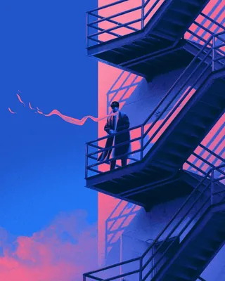 Man in suit on fire escape staircase with blue and pink sky