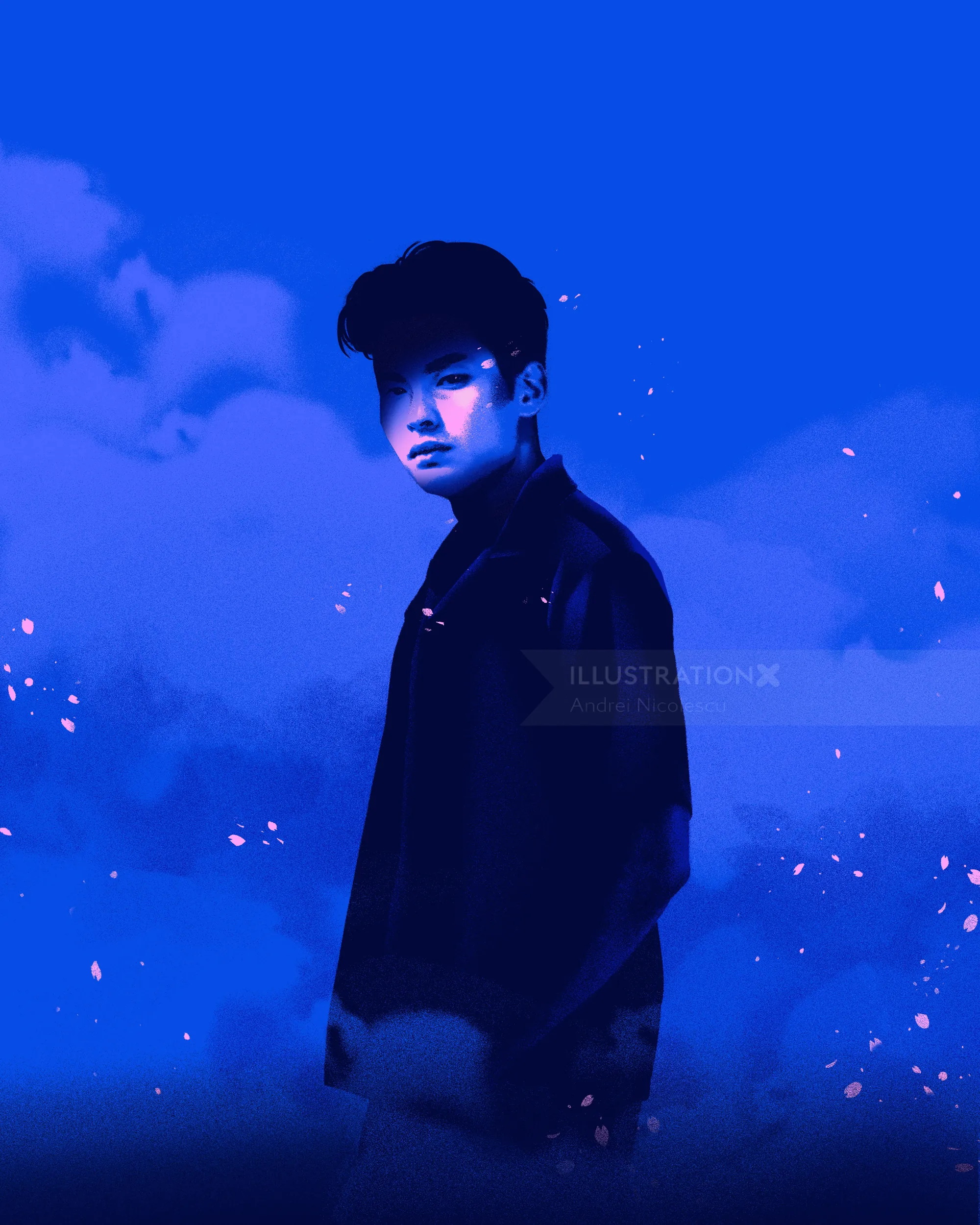 Young man standing with blue sky and clouds background