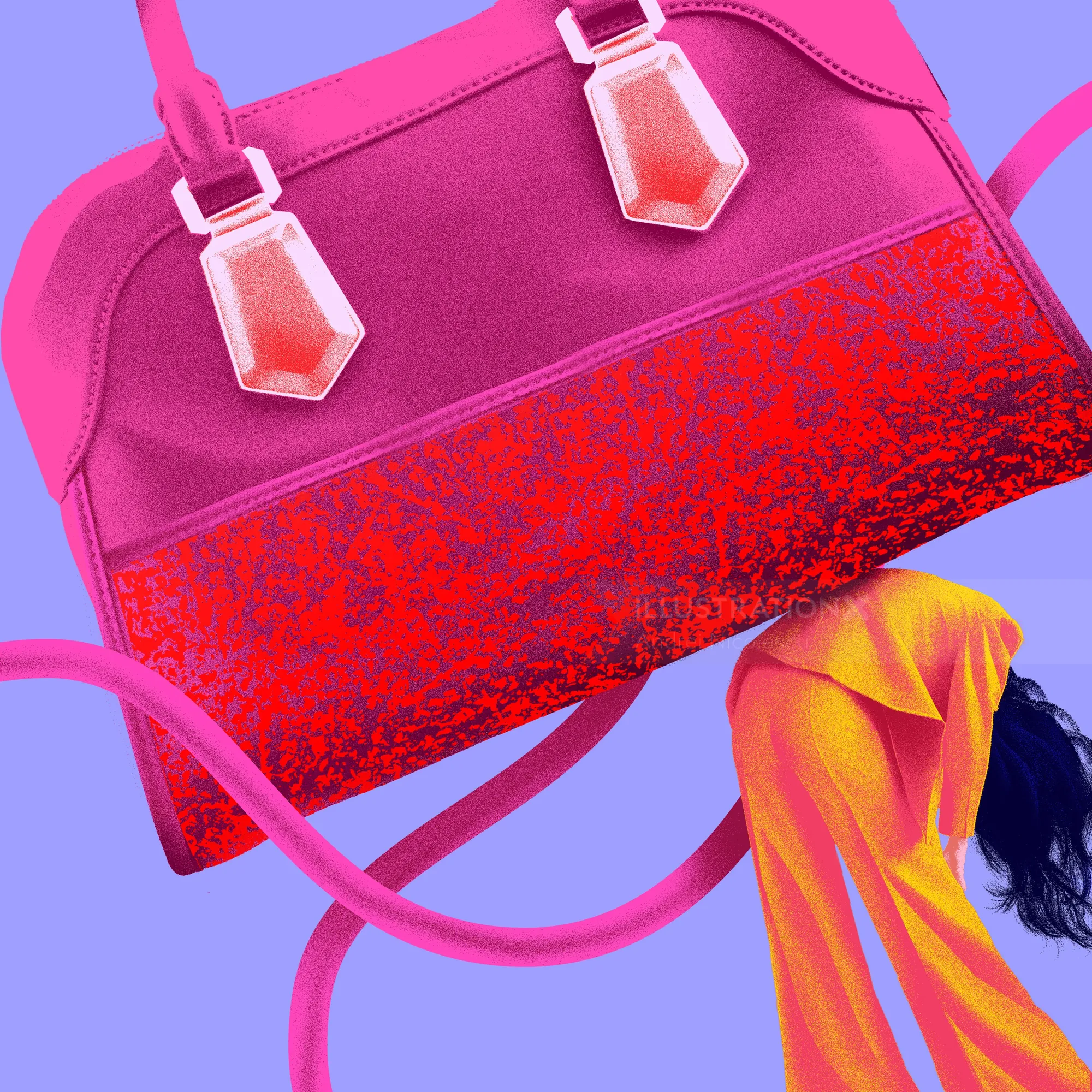 Pink handbag with red bottom and person in colorful outfit