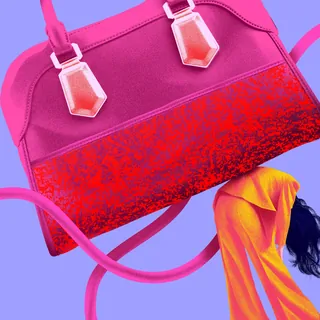 Pink handbag with red bottom and person in colorful outfit