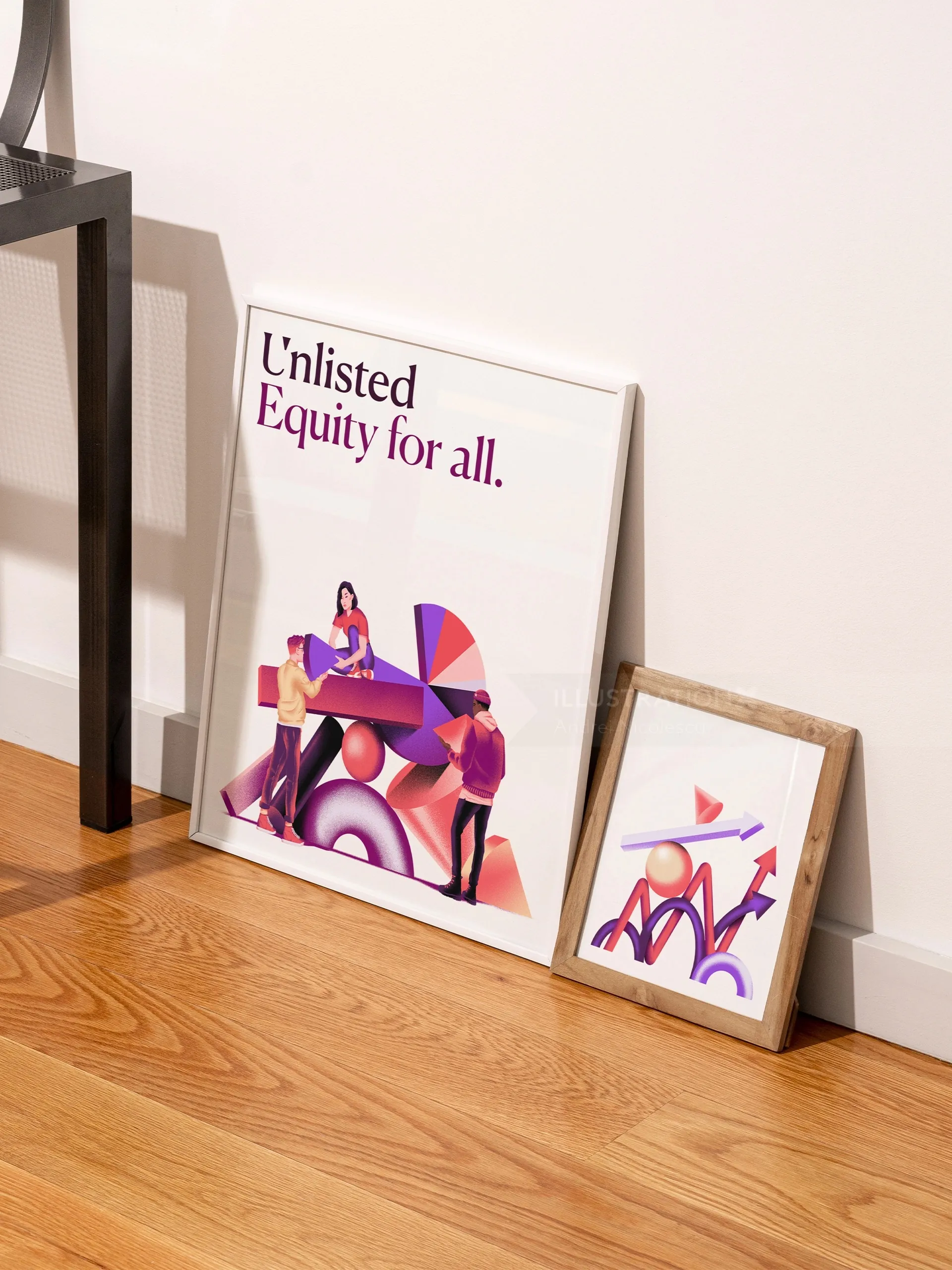 Two framed modern art prints on wooden floor by Andrei Nicolescu