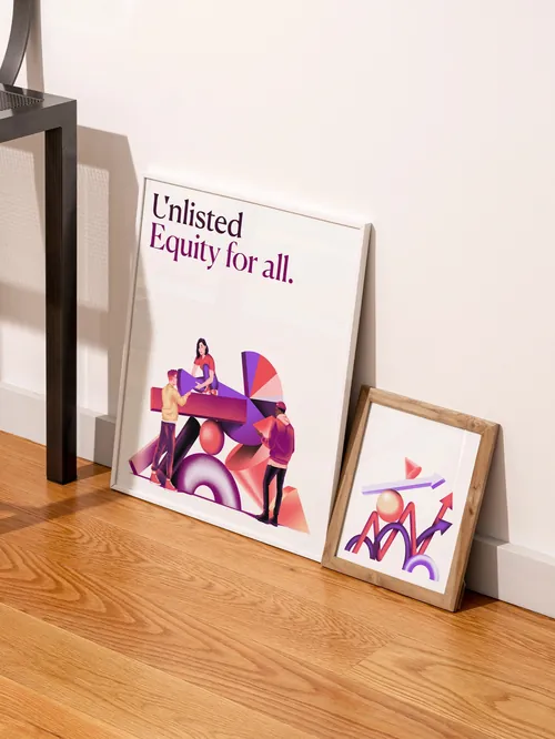 Two framed modern art prints on wooden floor by Andrei Nicolescu