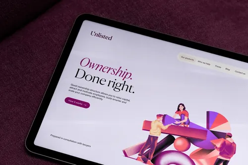 Digital tablet showing Unlisted ownership platform homepage by Andrei Nicolescu