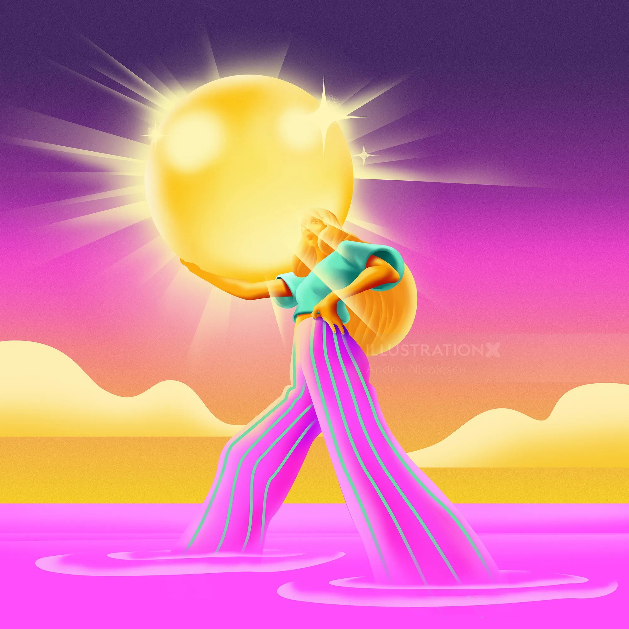 Digital art of a person holding a glowing orb in water at sunset by Andrei Nicolescu