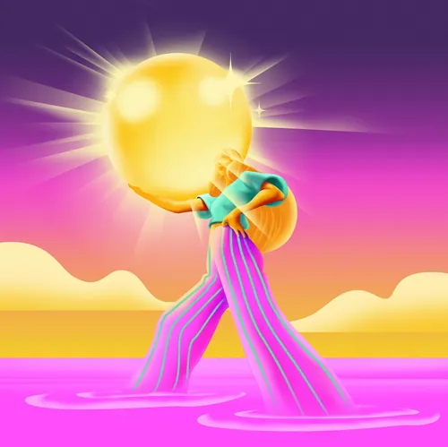 Digital art of a person holding a glowing orb in water at sunset by Andrei Nicolescu