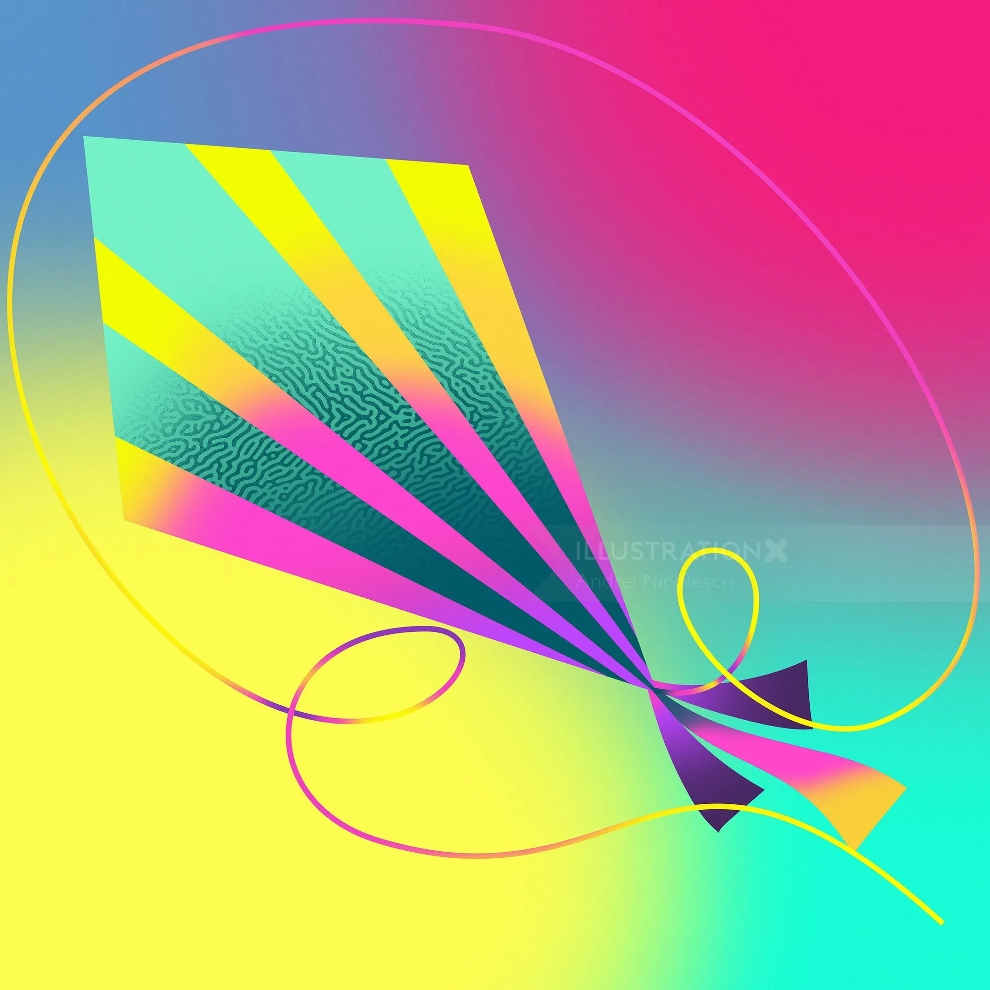 Abstract geometric kite with bright stripes on colorful gradient background by Andrei Nicolescu