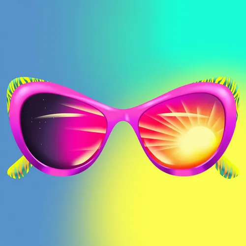 Bright pink sunglasses with one lens showing night sky and other lens showing sun by Andrei Nicolesc