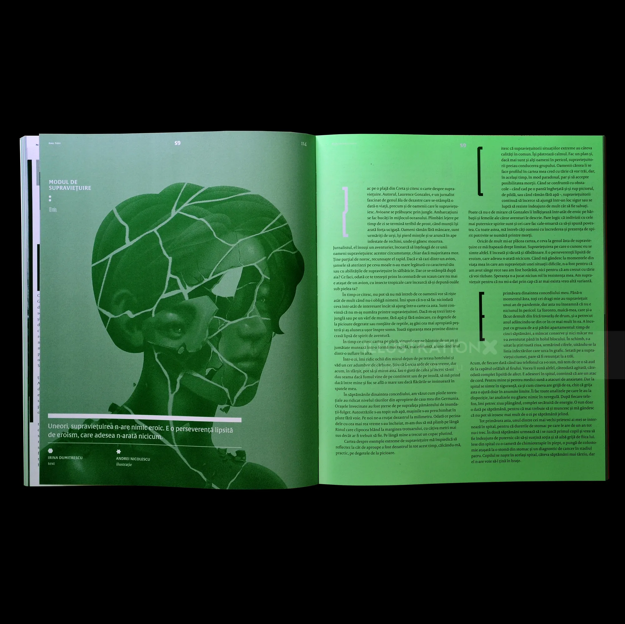 Magazine spread showing green human head silhouette with leaf pattern and text by Andrei Nicolescu