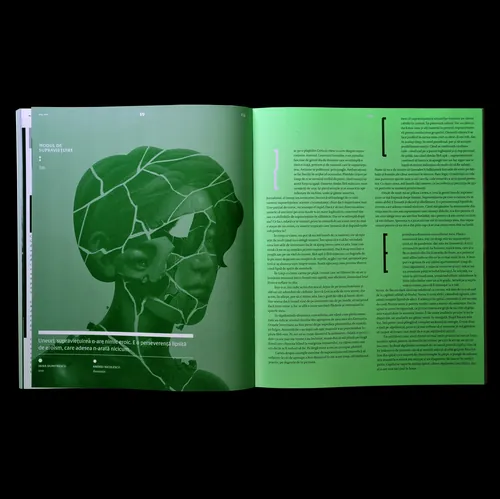 Magazine spread showing green human head silhouette with leaf pattern and text by Andrei Nicolescu