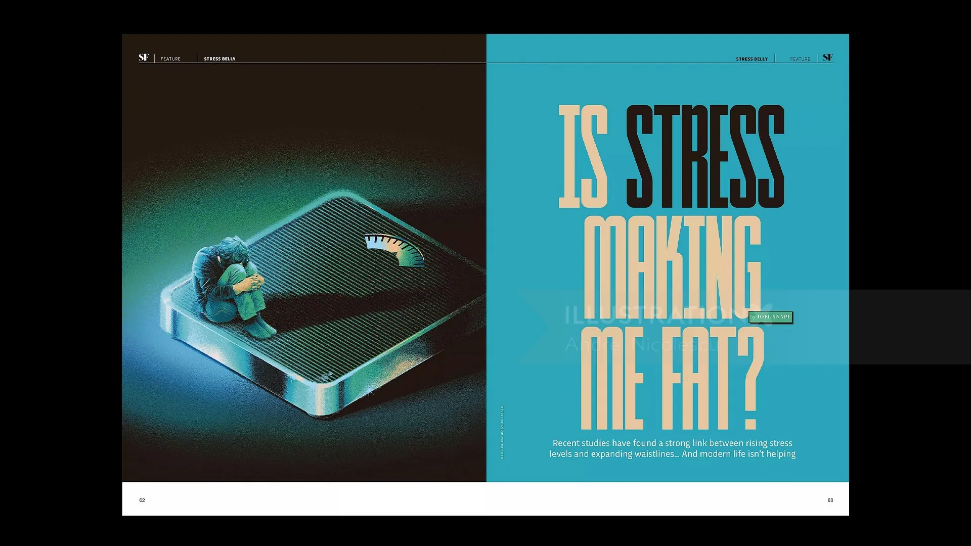 Illustration of stressed person inside smartphone with text 'Is Stress Making Me Fat?' by Andrei Nic