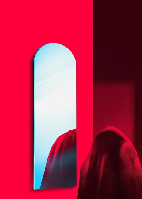 Red cloak reflected in tall arched mirror by Andrei Nicolescu