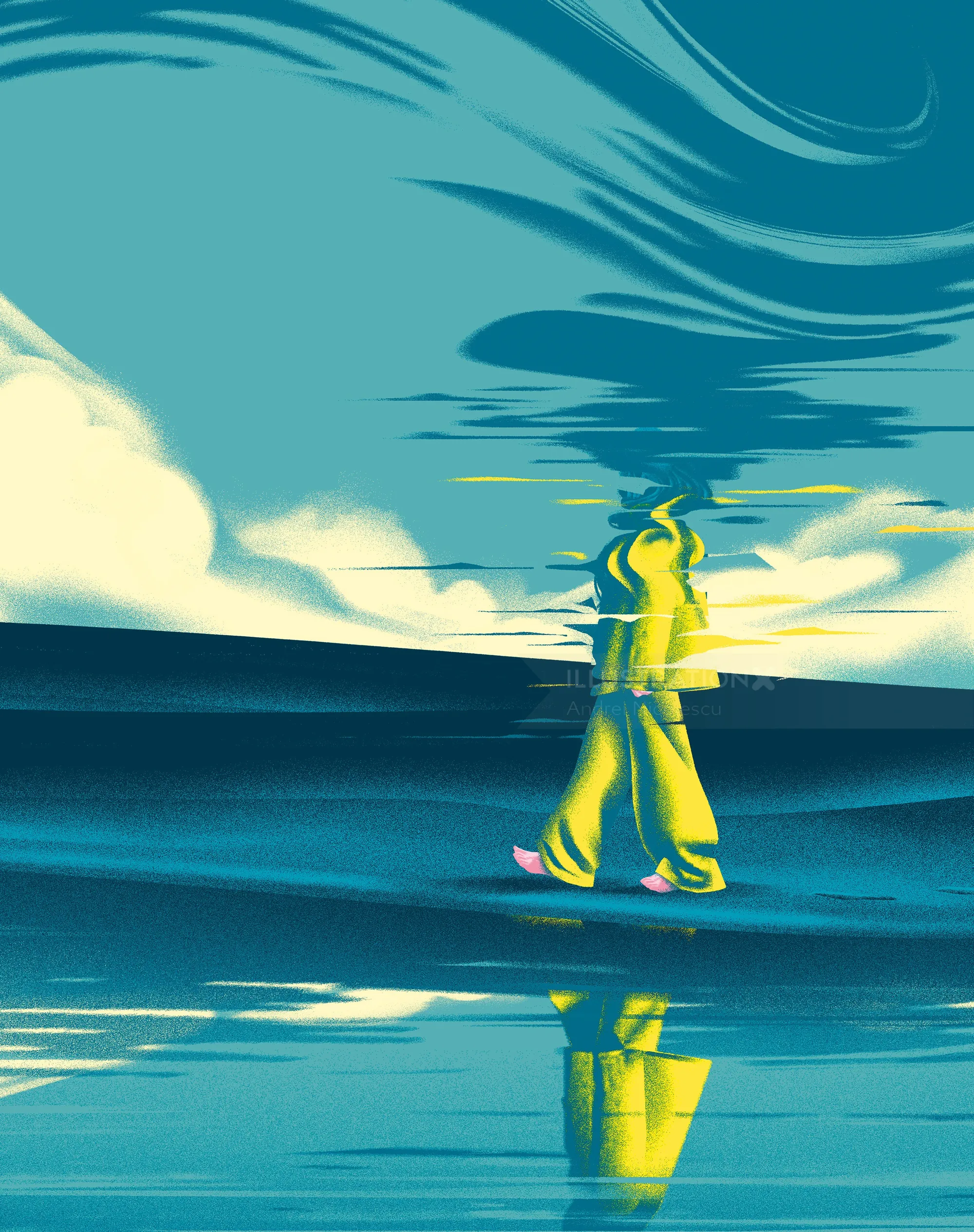 Surreal figure walking with distorted reflection under a vibrant sky by Andrei Nicolescu