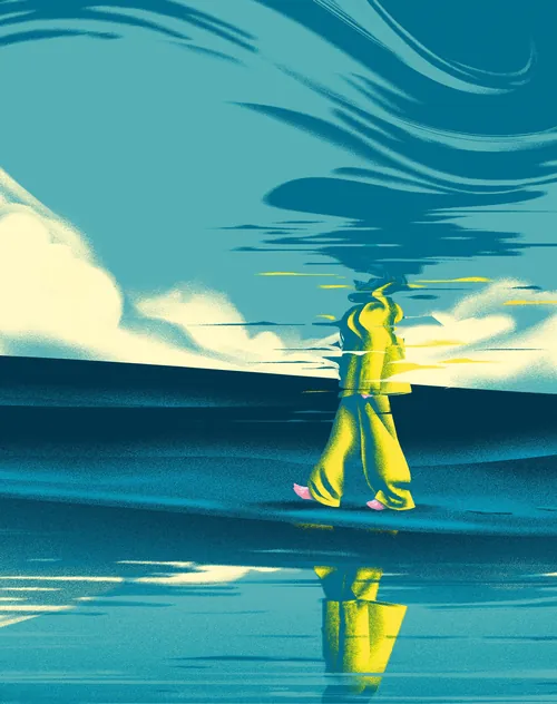 Surreal figure walking with distorted reflection under a vibrant sky by Andrei Nicolescu