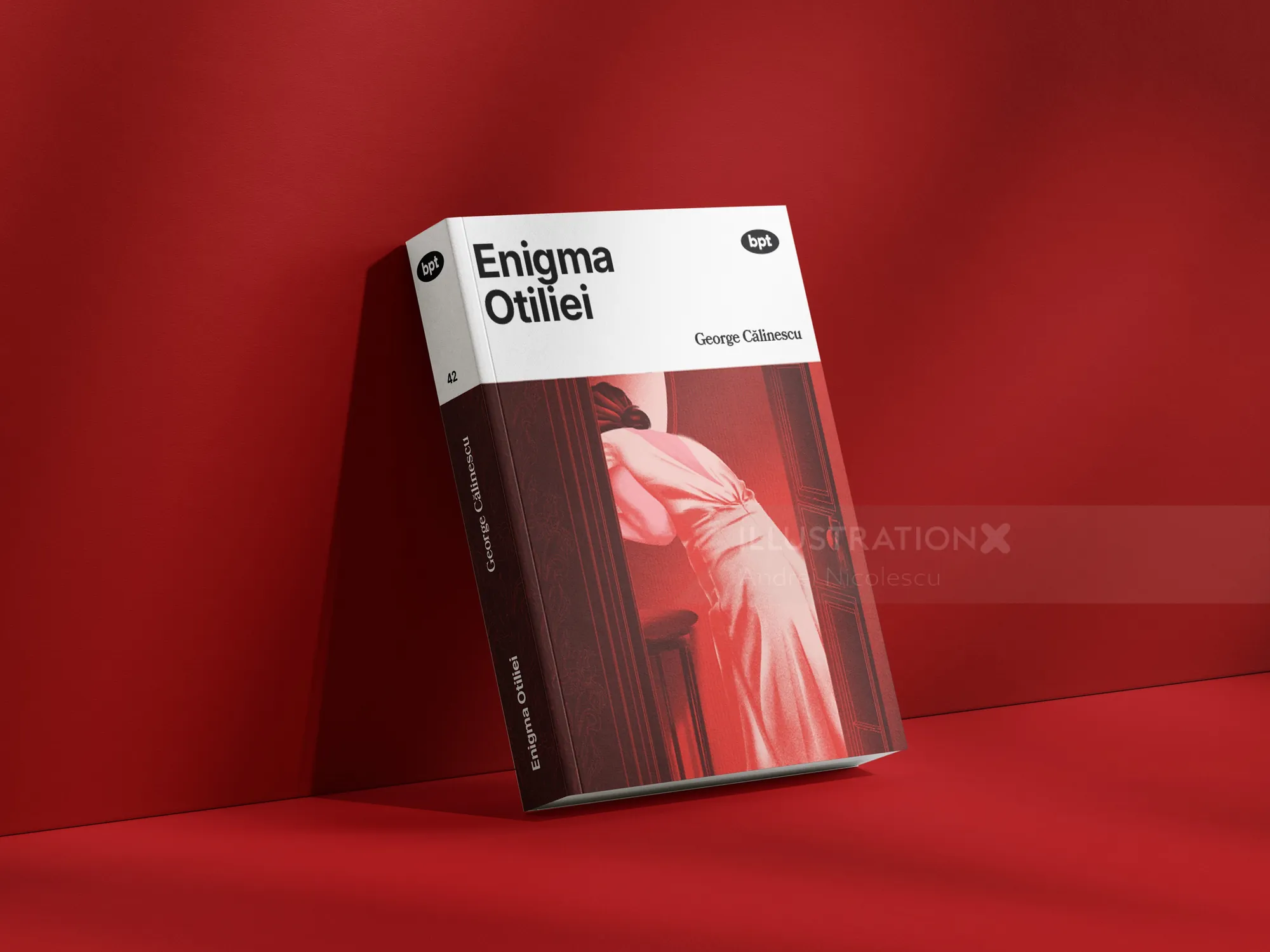 Book cover of Enigma Otiliei by George Calinescu on red background by Andrei Nicolescu