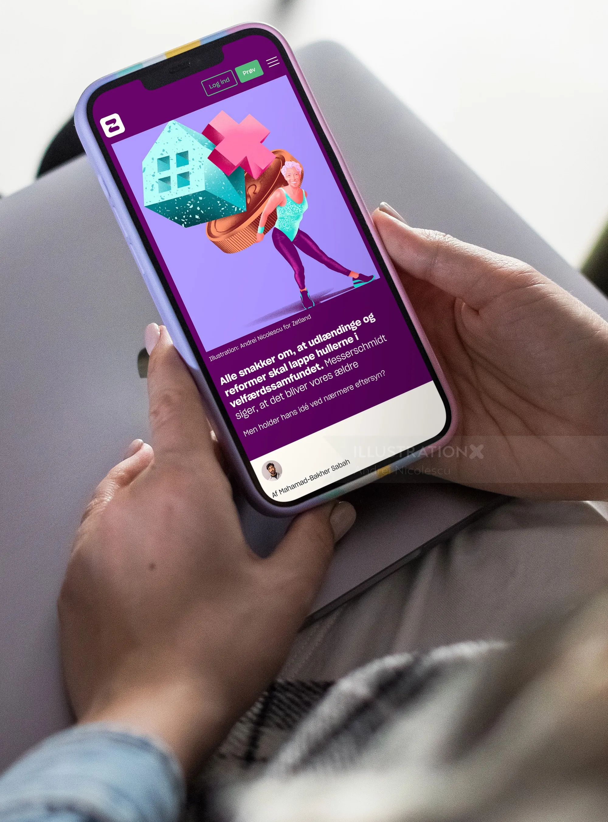 Smartphone displaying digital art illustration by Andrei Nicolescu