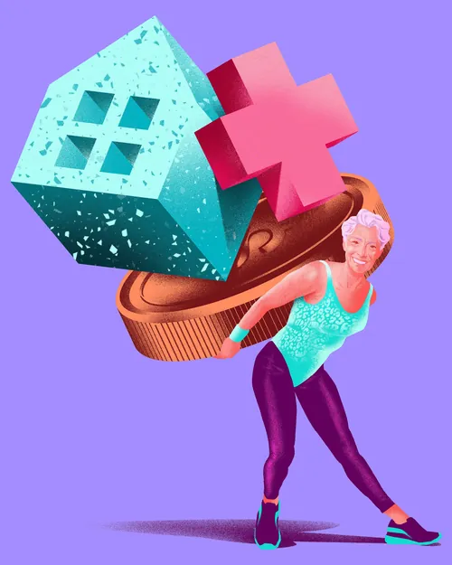 Woman carrying large coin, house icon, and medical cross illustration by Andrei Nicolescu