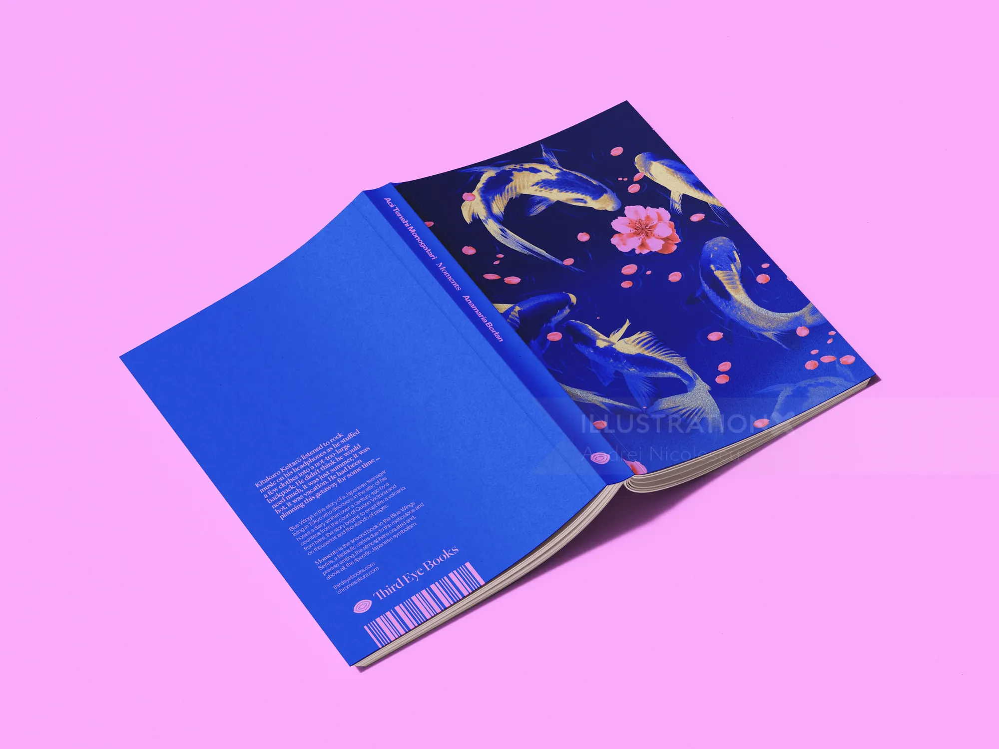 Open book with vibrant koi fish design on cover by Andrei Nicolescu