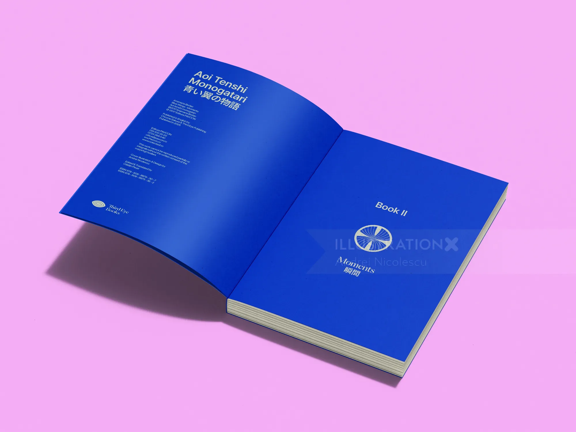 Open blue book on pink surface by Andrei Nicolescu