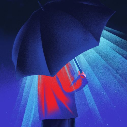 Person in red coat holding black umbrella with blue light beams by Andrei Nicolescu
