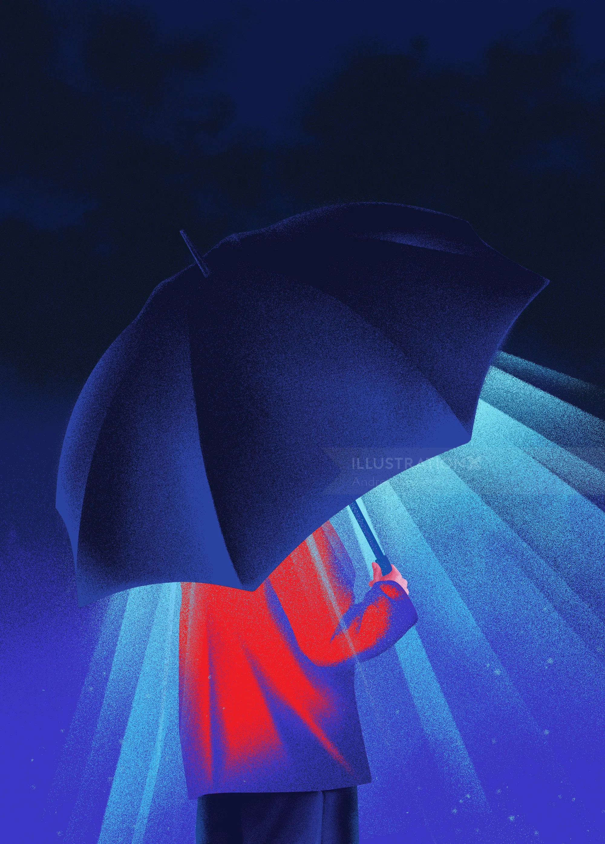 Person in red coat holding black umbrella with blue light beams by Andrei Nicolescu