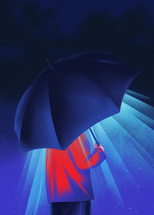 Person in red coat holding black umbrella with blue light beams by Andrei Nicolescu