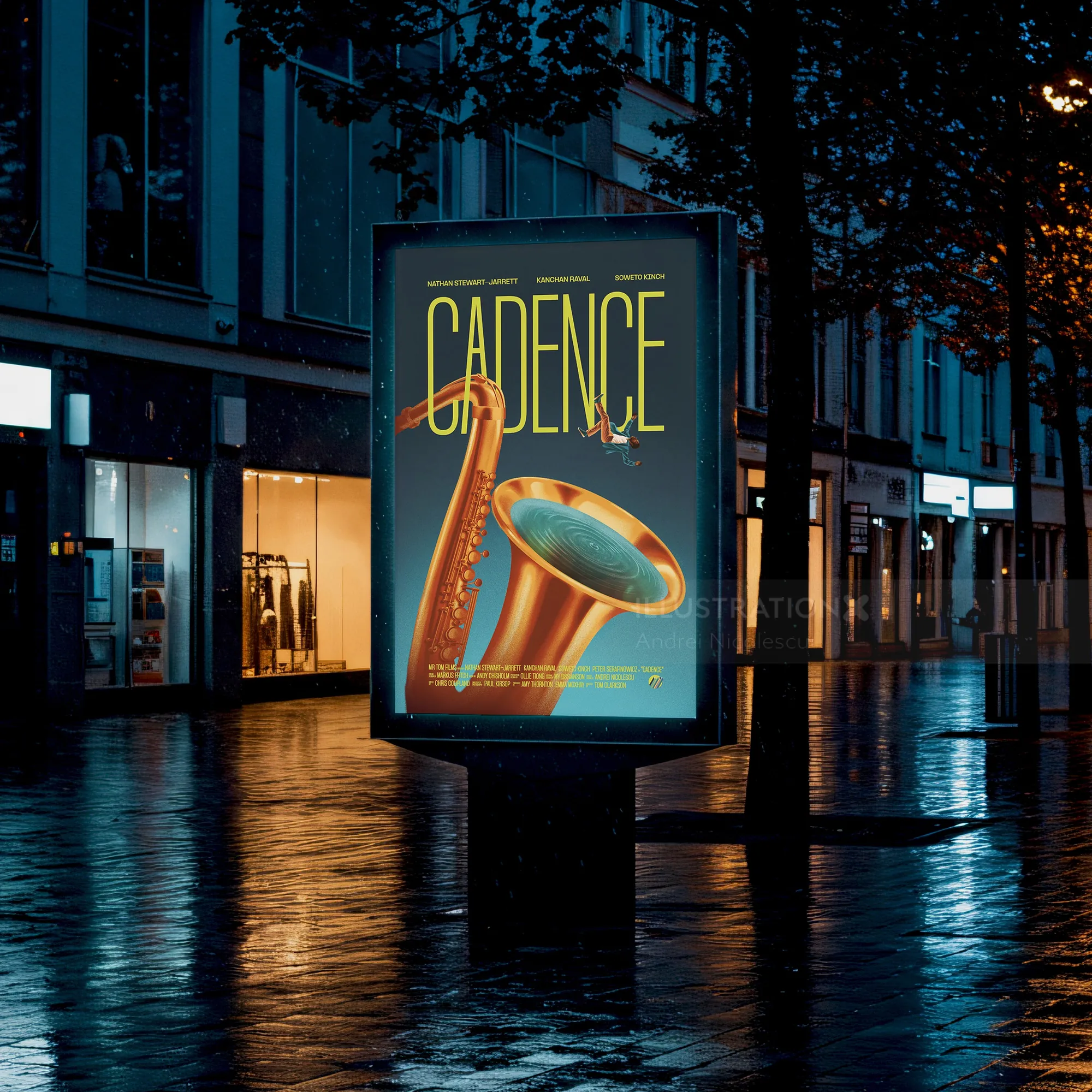 Music poster with saxophone and 'CADENCE' text on city street by Andrei Nicolescu